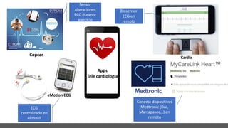 Apps
Tele cardiología
eMotion ECG
ECG
centralizado en
el movil
Sensor
alteraciones
ECG durante
ejercicio
Biosensor
ECG en
remoto
Conecta dispositivos
Medtronic (DAI,
Marcapasos,..) en
remoto
Kardia
Copcar
 