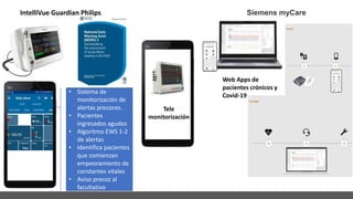 IntelliVue Guardian Philips
Tele
monitorización
Siemens myCare
Web Apps de
pacientes crónicos y
Covid-19
• Sistema de
monitorización de
alertas precoces.
• Pacientes
ingresados agudos
• Algoritmo EWS 1-2
de alertas
• Identifica pacientes
que comienzan
empeoramiento de
constantes vitales
• Aviso precoz al
facultativo
 