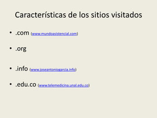 Características de los sitios visitados.com(www.mundoasistencial.com).org.info(www.joseantoniogarcia.info).edu.co(www.telemedicina.unal.edu.co) 