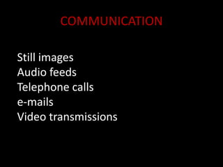 COMMUNICATIONStill imagesAudio feedsTelephone calls e-mails Video transmissions