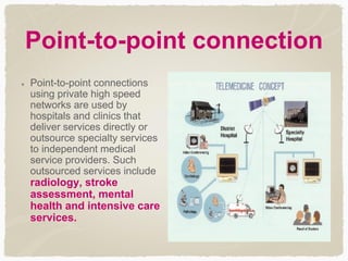 Point-to-point connection
Point-to-point connections
using private high speed
networks are used by
hospitals and clinics that
deliver services directly or
outsource specialty services
to independent medical
service providers. Such
outsourced services include
radiology, stroke
assessment, mental
health and intensive care
services.
 