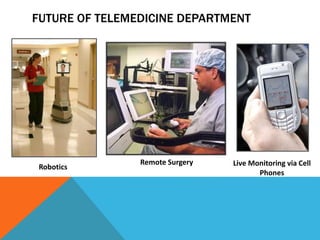 Robotics
Remote Surgery Live Monitoring via Cell
Phones
FUTURE OF TELEMEDICINE DEPARTMENT
 