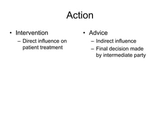 Action
• Intervention
– Direct influence on
patient treatment
• Advice
– Indirect influence
– Final decision made
by intermediate party
 