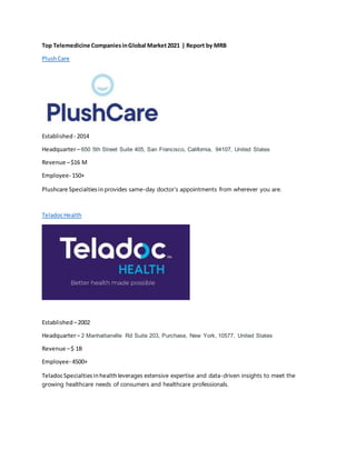 Top Telemedicine CompaniesinGlobal Market2021 | Report by MRB
PlushCare
Established - 2014
Headquarter– 650 5th Street Suite 405, San Francisco, California, 94107, United States
Revenue –$16 M
Employee- 150+
Plushcare Specialtiesin provides same-day doctor’s appointments from wherever you are.
TeladocHealth
Established –2002
Headquarter– 2 Manhattanville Rd Suite 203, Purchase, New York, 10577, United States
Revenue –$ 1B
Employee- 4500+
TeladocSpecialtiesinhealth leverages extensive expertise and data-driven insights to meet the
growing healthcare needs of consumers and healthcare professionals.
 