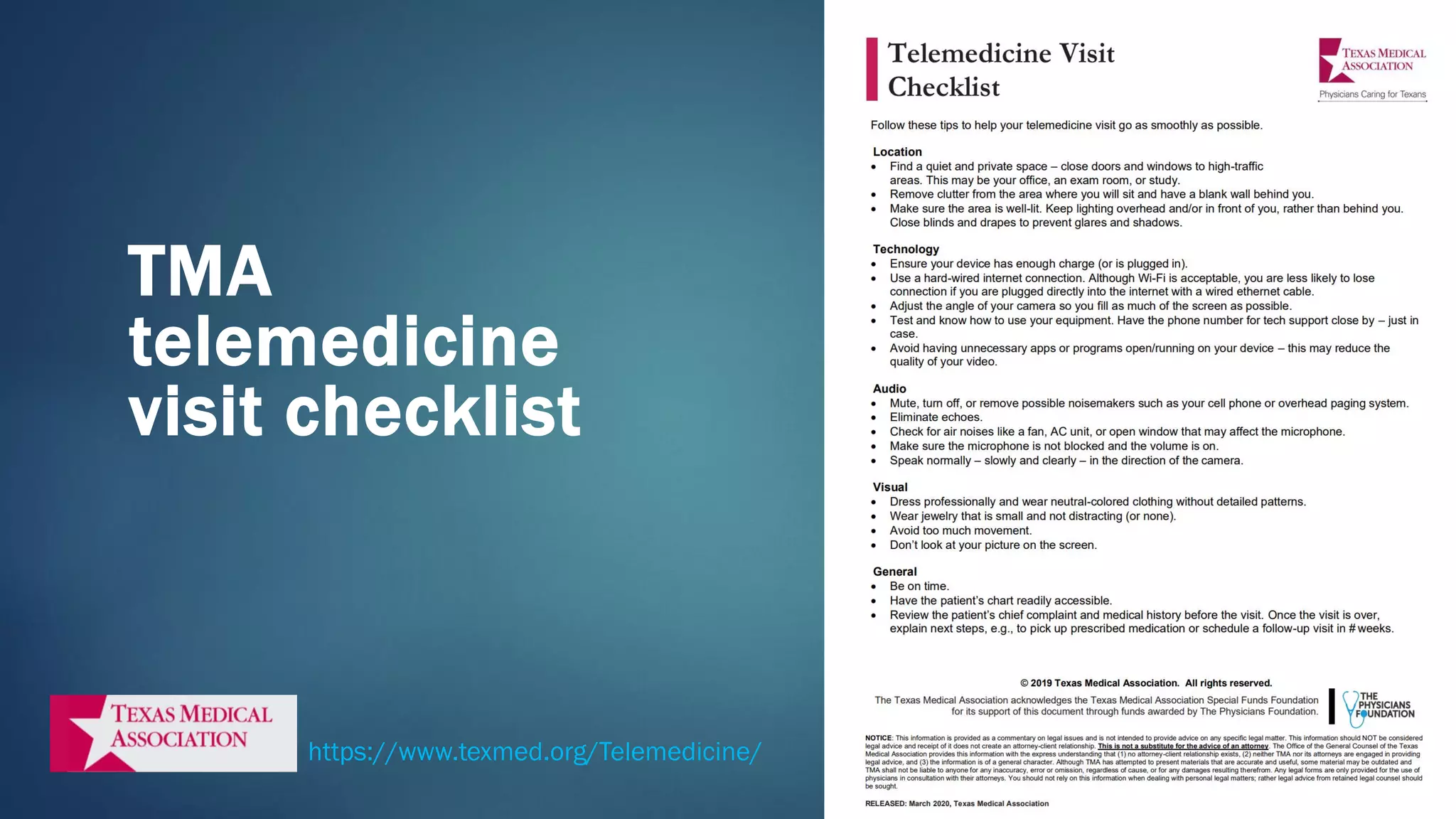 TMA
telemedicine
visit checklist
https://www.texmed.org/Telemedicine/