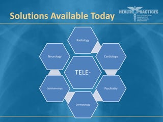 Solutions Available Today
Radiology

Neurology

Cardiology

TELEPsychiatry

Ophthalmology

Dermatology

 