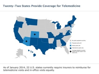 As of January 2014, 22 U.S. states currently require insurers to reimburse for
telemedicine visits and in-office visits eq...