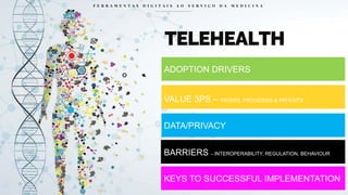 TELEHEALTH
F E R R A M E N T A S D I G I T A I S A O S E R V I Ç O D A M E D I C I N A
DATA/PRIVACY
ADOPTION DRIVERS
VALUE 3PS – PAYERS, PROVIDERS & PATIENTS
BARRIERS – INTEROPERABILITY, REGULATION, BEHAVIOUR
KEYS TO SUCCESSFUL IMPLEMENTATION
 
