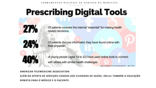 Prescribing Digital Tools
F E R R A M E N T A S D I G I T A I S A O S E R V I Ç O D A M E D I C I N A
27%
24%
Of patients consider the internet “essential” for making health
related decisions.
Of patients discuss information they have found online with
their physician
2 0 1 5 A C R O S S H E A L T H N A V I G A T O R ; I M S 2 0 1 6
40%
of young people (ages 14 to 22) have used online tools to connect
with others with similar health challenges
AMERICAN TELEMEDICINE ASSOCIATION:
ALÉM DA OFERTA DE SERVIÇOS LIGADOS AOS CUIDADOS DE SAÚDE, INCLUI TAMBÉM A EDUCAÇÃO
REMOTA PARA O MÉDICO E O PACIENTE.
 