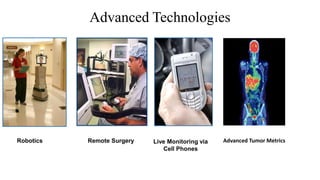Advanced Technologies
Robotics Remote Surgery Live Monitoring via
Cell Phones
Advanced Tumor Metrics