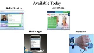 Available Today
Online Services
Health App’s
Urgent Care
Wearables
 