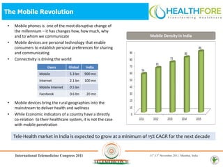 The Mobile Revolution

 •   Mobile phones is one of the most disruptive change of
     the millennium – it has changes how, how much, why
     and to whom we communicate                                      Mobile Density in India
 •   Mobile devices are personal technology that enable
     consumers to establish personal preferences for sharing
     and communicating
 •   Connectivity is driving the world
                        Users        Global    India
                   Mobile            5.3 bn   900 mn
                   Internet          2.1 bn   100 mn
                   Mobile Internet   0.5 bn
                   Facebook          0.6 bn    20 mn

 •   Mobile devices bring the rural geographies into the
     mainstream to deliver health and wellness
 •   While Economic indicators of a country have a directly
     co-relation to their healthcare system, it is not the case
     with mobile penetration

     Tele-Health market in India is expected to grow at a minimum of 15% CAGR for the next decade
 