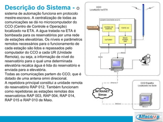 Descrição do Sistema -   O sistema de automação funciona em protocolo mestre-escravo. A centralização de todas as comunicações se dá no microcomputador do CCO (Centro de Controle e Operação) localizado na ETA. A água tratada na ETA é bombeada para os reservatórios por uma rede de estações elevatórias. Os níveis e parâmetros remotos necessários para o funcionamento de cada estação são lidos e repassados pelo computador do CCO a cada UR (Unidade Remota), ou seja, a informação de nível do reservatório para o qual uma determinada elevatória recalca água é lida do reservatório e enviada para a elevatória. Todas as comunicações partem  do CCO,  que é dotad o  de uma antena omni direcional. A repetidora principal constitui a unidade remota do reservatório RAP 012. Também funcionam como repetidoras as estações remotas dos reservatórios RAP 003, RAP 004, RAP 014, RAP 015 e RAP 010 de Maio.   