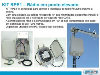 KIT RPE1 – Rádio em ponto elevado KIT RPE1 foi concebido para permitir a instalação do rádio RM2060 próximo à antena.  Com esta solução, as perdas no cabo de RF são minimizadas e podemos instalar o rádio afastado do clp e interligado por cabo de rede CAT5.  A alimentação do rádio e a comunicação em RS485 são transportadas pelo cabo em distâncias de até 1200 metros.  O gabinete utilizado tem IP67 e pode ficar ao tempo.  