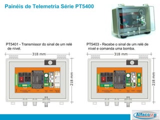 Painéis de Telemetria Série PT5400 PT5401 - Transmissor do sinal de um relé de nível. PT5403 - Recebe o sinal de um relé de nível e comanda uma bomba. 