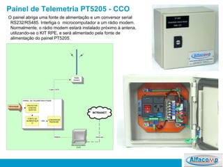 Painel de Telemetria PT5205 - CCO  O painel abriga uma fonte de alimentação e um conversor serial RS232/RS485. Interliga o  microcomputador a um rádio modem. Normalmente, o rádio modem estará instalado próximo à antena, utilizando-se o KIT RPE, e será alimentado pela fonte de alimentação do painel PT5205.  