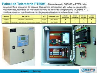 Próximo   Anterior Painel de Telemetria PT5501  -   Baseada no clp DUO350, o PT5501 alia desempenho e economia de espaço. Os quadros apresentam alto índice de integração, modularidade, facilidade de manutenção e clp de mercado com protocolo MODBUS RTU mestre e escravo, resultando em montagens de alto desempenho e baixo custo. 8 15 1 8   48 x 38 x 22 DU350 Elevatórias e reservatórios - rádio em ponto elevado PT5502 8 15 1 8   48 x 38 x 22 DU350 Elevatórias e reservatórios PT5501 Saídas Digitais Entradas Digitais Saídas  Analógicas Entradas Analógicas Dimensões  (cm) CLP APLICAÇÃO MODEL0 