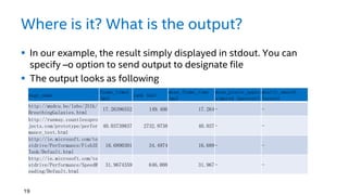 Where is it? What is the output?
 In our example, the result simply displayed in stdout. You can
specify –o option to send output to designate file
 The output looks as following
19
page_name
frame_times
(ms)
jank (ms)
mean_frame_time
(ms)
mean_pixels_appro
ximated (percent)
mostly_smooth
(score)
http://mudcu.be/labs/JS1k/
BreathingGalaxies.html
17.26396552 149.406 17.264- -
http://runway.countlesspro
jects.com/prototype/perfor
mance_test.html
40.03739837 2732.9738 40.037- -
http://ie.microsoft.com/te
stdrive/Performance/FishIE
Tank/Default.html
16.6890301 34.4974 16.689- -
http://ie.microsoft.com/te
stdrive/Performance/SpeedR
eading/Default.html
31.9674359 646.008 31.967- -
 