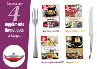 chaque année



suppléments
thématiques     Spécial cocottes          Spécial soirées d’été
 de 84 pages




               Spécial pâtes & risottos   Spécial fêtes
 