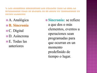  A. Analógica
 B.

Sincronía
 C. Digital
 D. Asíncrona
 E. Todas las
anteriores

 Sincronía:

se refiere
a que dos o más
elementos, eventos u
operaciones sean
programadas para
que ocurran en un
momento
predefinido de
tiempo o lugar.

 