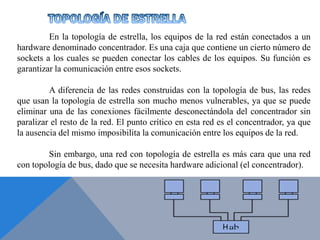 En la topología de estrella, los equipos de la red están conectados a un
hardware denominado concentrador. Es una caja que contiene un cierto número de
sockets a los cuales se pueden conectar los cables de los equipos. Su función es
garantizar la comunicación entre esos sockets.
A diferencia de las redes construidas con la topología de bus, las redes
que usan la topología de estrella son mucho menos vulnerables, ya que se puede
eliminar una de las conexiones fácilmente desconectándola del concentrador sin
paralizar el resto de la red. El punto crítico en esta red es el concentrador, ya que
la ausencia del mismo imposibilita la comunicación entre los equipos de la red.
Sin embargo, una red con topología de estrella es más cara que una red
con topología de bus, dado que se necesita hardware adicional (el concentrador).
 