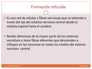 Formación reticular
 Es una red de células y fibras nerviosas que se extiende a

través del eje del sistema nervioso central desde la
médula espinal hasta el cerebro.
 Recibe aferencias de la mayor parte de los sistemas

sensitivos y tiene fibras eferentes que descienden e
influyen en las neuronas en todos los niveles del sistema
nervioso central

Lic. Jamnyce Altamirano

14/12/2013

 
