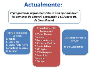 El programa de nefroprevención se esta ejecutando en
las comunas de Coronel, Concepción y SS Arauco (H.
de Curanilahue).

4 Establecimientos
Coronel:
C. Yobilo
C. Lagunillas
C. Carlos Pinto Fierro
Consultorio adosado
H. Coronel

8 Establecimientos
Concepción:
C. Víctor Manuel
Fernandez
C. Lorenzo Arenas
C. Pedro de Valdivia
C. Santa Sabina
C. O´Higgins
C. Villa Nonguén
C. Juan Soto
Fernandez
C. Tucapel

1 Establecimiento SS
Arauco:
H. De Curanilahue

 