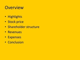Overview
•
•
•
•
•
•

Highlights
Stock price
Shareholder structure
Revenues
Expenses
Conclusion

 