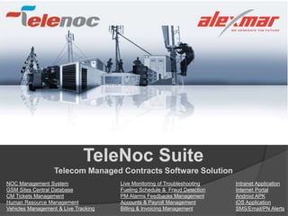 TeleNoc Suite
Telecom Managed Contracts Software Solution
NOC Management System Live Monitoring of Troubleshooting Intranet Application
GSM Sites Central Database Fueling Schedule & Fraud Detection Internet Portal
CM Tickets Management PM Alarms Feedbacks Management Android APK
Human Resource Management Accounts & Payroll Management iOS Application
Vehicles Management & Live Tracking Billing & Invoicing Management SMS/Email/PN Alerts
 