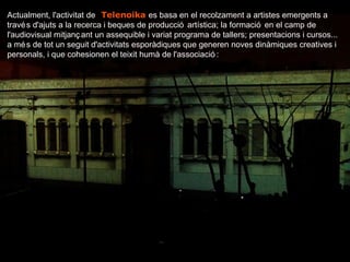 Actualment, l'activitat de   . Telenoika  es basa en el recolzament a artistes emergents a través d'ajuts a la recerca i beques de producció artística; la formació en el camp de l'audiovisual mitjançant un assequible i variat programa de tallers; presentacions i cursos... a més de tot un seguit d'activitats esporàdiques que generen noves dinàmiques creatives i personals, i que cohesionen el teixit humà de l'associació: 