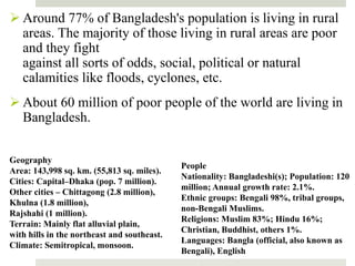  Around 77% of Bangladesh's population is living in rural
areas. The majority of those living in rural areas are poor
and...