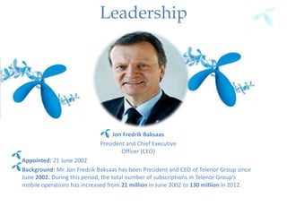 Leadership
Jon Fredrik Baksaas
President and Chief Executive
Officer (CEO)
Appointed: 21 June 2002
Background: Mr. Jon Fredrik Baksaas has been President and CEO of Telenor Group since
June 2002. During this period, the total number of subscriptions in Telenor Group’s
mobile operations has increased from 21 million in June 2002 to 130 million in 2012.
 
