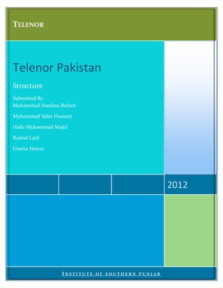 TELENOR
   0000112246




Telenor Pakistan
Structure
Submitted By:
Muhammad Zeeshan Baloch

Muhammad Sabir Hussain

Hafiz Muhammad Majid

Rashid Latif

Usama Nawaz




                                                   2012




                  INSTITUTE   OF SOUTHERN PUNJAB
 