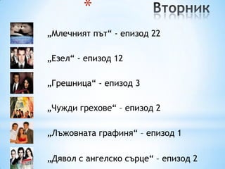*
„Млечният път“ - епизод 22

„Езел“ - епизод 12

„Грешница“ - епизод 3

„Чужди грехове“ – епизод 2

„Лъжовната графиня“ – епизод 1

„Дявол с ангелско сърце“ – епизод 2
 