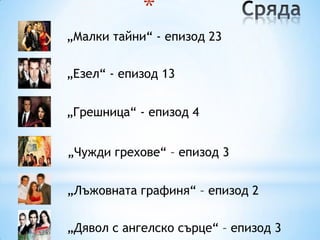 *
„Малки тайни“ - епизод 23

„Езел“ - епизод 13


„Грешница“ - епизод 4


„Чужди грехове“ – епизод 3


„Лъжовната графиня“ – епизод 2


„Дявол с ангелско сърце“ – епизод 3
 