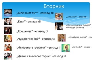 Вторник
„Млечният път“ - епизод 30
                                       „Аламинут“ - епизод 1

„Езел“ - епизод 18
                                       „Пленителката на сърцето“ -
                                       епизод 56 (сезон 2)

„Грешница“ - епизод 17
                                         „Семейство Мейзга“ - епиз
„Чужди грехове“ - епизод 12

„Лъжовната графиня“ - епизод 9               „Скуби Ду“ - епизод 1



„Дявол с ангелско сърце“ - епизод 12
 
