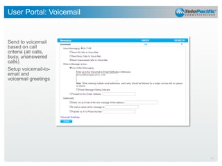 User Portal: Voicemail

Send to voicemail
based on call
criteria (all calls,
busy, unanswered
calls)
Setup voicemail-toemail and
voicemail greetings

24

 