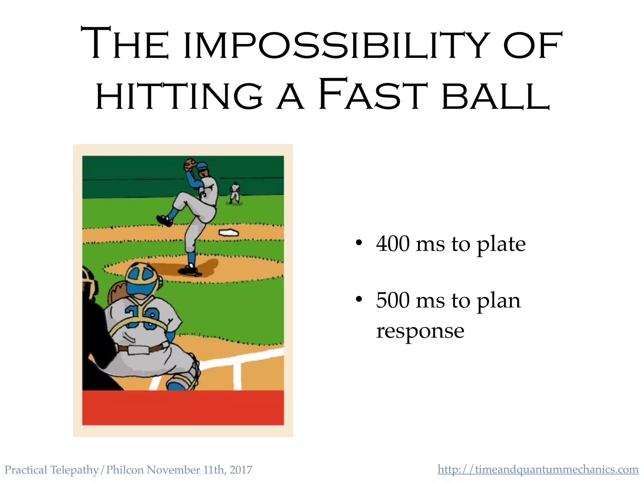 http://timeandquantummechanics.comPractical Telepathy/Philcon November 11th, 2017
The impossibility of
hitting a Fast ball
• 400 ms to plate
• 500 ms to plan
response
 