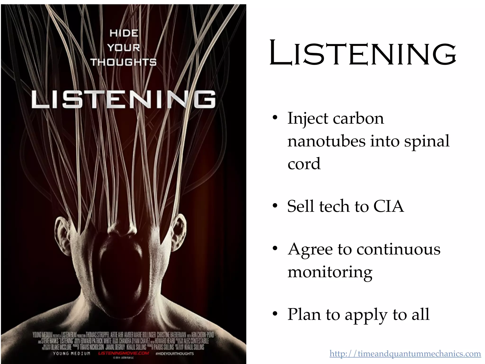 http://timeandquantummechanics.comPractical Telepathy/Philcon November 11th, 2017
Listening
• Inject carbon
nanotubes into spinal
cord
• Sell tech to CIA
• Agree to continuous
monitoring
• Plan to apply to all
 