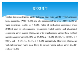 RESULT
• Contact the nearest testing center (adjusted odds ratio [AOR] = 7.93), maintain
home quarantine (AOR= 5.64), and take paracetamol for fever (AOR= 3.53), all
were significant results (p < 0.05). Rates of medication dispensing errors
(MDEs) and its subcategories, prescription-related errors, and pharmacist
counseling errors across pharmacies with telepharmacy versus those without
remote services were (15.81% vs. 19.43%, p < 0.05), (5.38% vs. 10.08%, p <
0.05), and (10.42% vs. 9.35%, p > 0.05), respectively. However, pharmacies
with telepharmacy were more likely to include wrong patient errors (AOR=
5.38, p < 0.05).
 