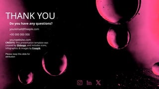 CREDITS: This presentation template was
created by Slidesgo, and includes icons,
infographics & images by Freepik
THANK YOU
Do you have any questions?
youremail@freepik.com
+00 000 000 000
yourwebsite.com
Please keep this slide for
attribution
 