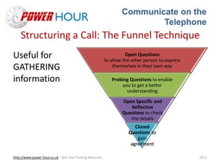 Communicate on the
Telephone
Http://www.power-hour.co.uk – Bite Size Training Materials 2012
Structuring a Call: The Funnel Technique
Useful for
GATHERING
information
Open Questions
to allow the other person to express
themselves in their own way
Probing Questions to enable
you to get a better
understanding
Open Specific and
Reflective
Questions to check
the details
Closed
Questions to
gain
agreement
 