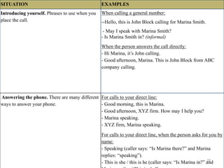 SITUATION EXAMPLES
Introducing yourself. Phrases to use when you
place the call.
When calling a general number:
--Hello, this is John Block calling for Marina Smith.
- May I speak with Marina Smith?
- Is Marina Smith in? (informal)
When the person answers the call directly:
- Hi Marina, it’s John calling.
- Good afternoon, Marina. This is John Block from ABC
company calling.
Answering the phone. There are many different
ways to answer your phone.
For calls to your direct line:
- Good morning, this is Marina.
- Good afternoon, XYZ firm. How may I help you?
- Marina speaking.
- XYZ firm, Marina speaking.
For calls to your direct line, when the person asks for you by
name:
- Speaking (caller says: “Is Marina there?” and Marina
replies: “speaking”).
- This is she / this is he (caller says: “Is Marina in?” and20
 