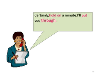 Certainly,hold on a minute.I’ll put
you through.
32
 