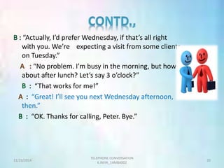 “Actually, I’d prefer Wednesday, if that’s all right 
with you. We’re expecting a visit from some clients 
on Tuesday.” 
“No problem. I’m busy in the morning, but how 
about after lunch? Let’s say 3 o’clock?” 
“That works for me!” 
“Great! I’ll see you next Wednesday afternoon, 
then.” 
“OK. Thanks for calling, Peter. Bye.” 
TELEPHONE CONVERSATION 
11/23/2014 20 
K.INIYA_14MBA002 
 