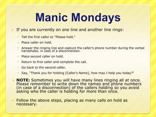Manic Mondays 
 If you are currently on one line and another line rings: 
 Tell the first caller to "Please hold." 
 Place caller on hold. 
 Answer the ringing line and capture the caller’s phone number during the verbal 
handshake, in case of a disconnection. 
 Place second caller on hold. 
 Return to first caller and complete the call. 
 Go back to the second caller. 
 Say, “Thank you for holding [Caller’s Name], how may I help you today?" 
 NOTE: Sometimes you will have many lines ringing all at once. 
Please remember to write down the names and phone numbers 
(in case of a disconnection) of the callers holding so you avoid 
asking who the caller is holding for more than once. 
 Follow the above steps, placing as many calls on hold as 
necessary. 
 