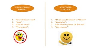 UNACCEPTABLE
PHRASES

1.
2.
3.
4.

”You will have to wait”
“Yeah”.
“I do not know”
“No, we cant”.

ACCEPTABLE
PHRASES

1.
2.
3.
4.

”Thank you, I’ll check,” or “I’ll see”
“Yes ma/sir”.
“One moment please, I’ll find out”
“Yes, you may”.

 