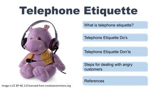 Telephone Etiquette
What is telephone etiquette?
Telephone Etiquette Do’s
Telephone Etiquette Don’ts
Steps for dealing with angry
customers
References
Image is CC BY-NC 2.0 licensed from creativecommons.org
 
