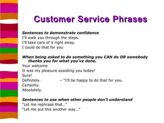 Customer Service Phrases
Sentences to demonstrate confidence
I’ll walk you through the steps.
I’ll take care of it right a...
