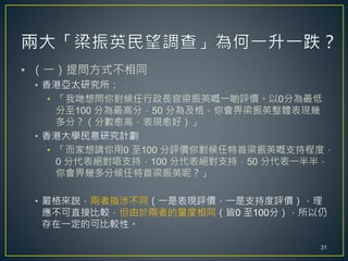 • （一）提問方式不相同
• 香港亞太研究所：
• 「我哋想問你對候任行政長官梁振英嘅一啲評價。以0分為最低
分至100 分為最高分，50 分為及格，你會畀梁振英整體表現幾
多分？（分數愈高，表現愈好）」
• 香港大學民意研究計劃
• 「而家想請你用0 至100 分評價你對候任特首梁振英嘅支持程度，
0 分代表絕對唔支持，100 分代表絕對支持，50 分代表一半半，
你會畀幾多分候任特首梁振英呢？」
• 嚴格來說，兩者指涉不同（一是表現評價，一是支持度評價），理
應不可直接比較，但由於兩者的量度相同（皆0 至100分），所以仍
存在一定的可比較性。
31
 